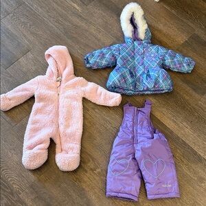 Nike Purple Plaid Puffer Jacket with Pink Fuzzy Snowsuit & Purple Snow Bibs
